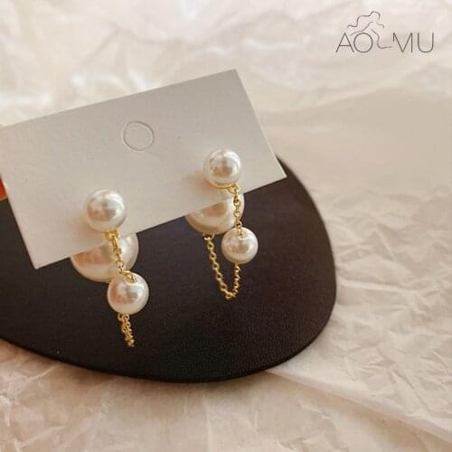 AOMU 2020 New S925 Irregular Geometric Pearl Tassel Gold Color Metal Chain A Two-wear Studs Earrings for Women Party Jewelry