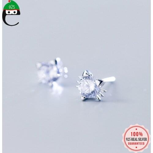 ElfoPlataSi 100% 925 Sterling Silver Tiny Cute Cat CZ Stud Earrings For Women Lady Fashion Silver Jewelry Gift Wholesale XY865