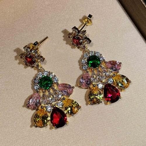 Charm Female Crystal Flower Drop Earrings Yellow Gold Color Wedding Earrings Luxury Rainbow Zircon Dangle Earrings For Women