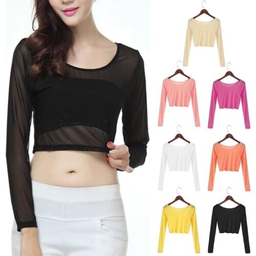 Women Sexy Slim Semi-transparent Mesh Crop Tops Girl Long Sleeve Short T-Shirts Tees Single Layer 40JF