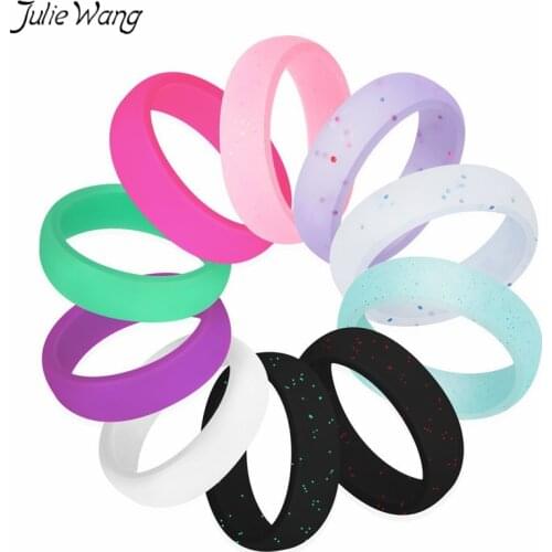 JulieWang 10pcs Whole Set Sale Band Silicone Ring Women Rubber Wedding Work Safe Comfortable Decored with Shiny Powder Jewelry