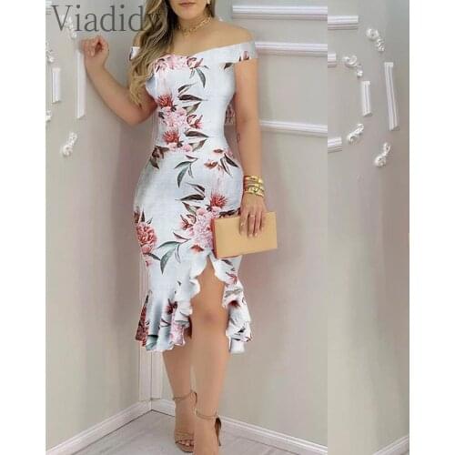 Women Off Shoulder High Waist Ruffles Irregular Dress Office Lady Elegant Floral Print Midi Dress