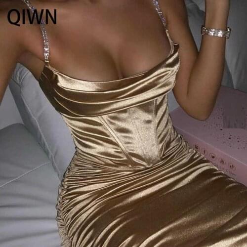 Sexy Satin Dress Women 2021 Summer Glitter Diamond Robe Spaghetti Strap Ruched Club Party Dresses Backless Bodycon Vestidos