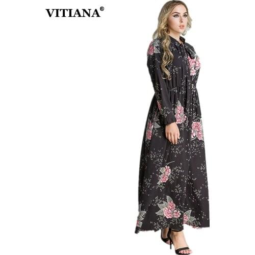 VITIANA 2017 Women Islam Muslim Plus Size Long Dress Black Print Long Sleeve Loose Clothing Islamic Abaya Robe Stretch Waist 7XL