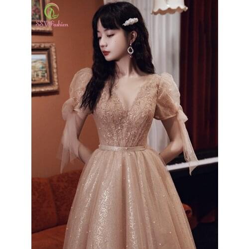 SSYFashion New Elegant Evening Dress for Women Champagne Scoop Puff Sleeve A-line Floor-length Sequins Beading Prom Formal Gowns