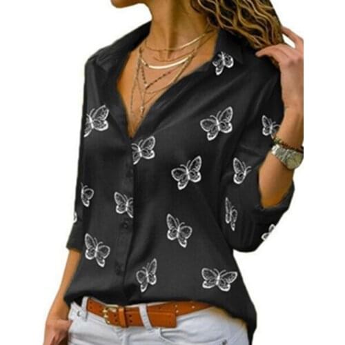 2020 Fashion Butterfly Print Women Blouse Shirt Long Sleeve Turn-down Collar Blouses Casual V-Neck Elegant Work Shirt Tops