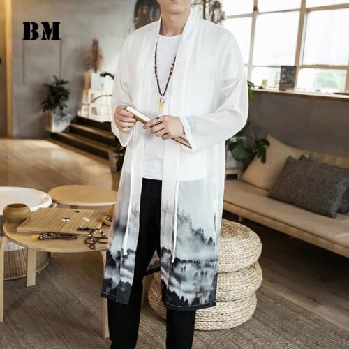 2021 Summer Chinese Style Long Gown Traditional Clothing Cardigan Hanfu Men Ice Silk Windbreaker Plus Size Cloak Jacket Male