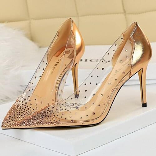 2021New Women 8.5cm High Heels Scarpins Lady Prom Wedding Transparent Shoes Crystal Gold Valentine Heels Stripper Fetish Pumps