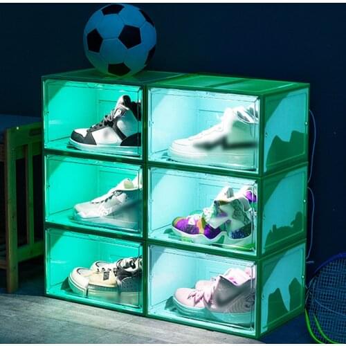 Shoes Boxes Storage box Voice Control LED Sneaker Box Magnetic Side Open Box Display Case Organizer Clear Plastic Shoe Container