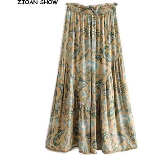 2019 Bohemian Feather Floral Print Wide leg Pants Holiday Women Ruffles Elastic Waist Full length Skirt Pants Loose Trouses