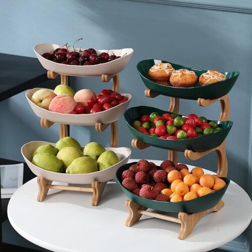 Elegant Fruit Plate w/Wood Holder Dessert Shelves Display Stand Holder