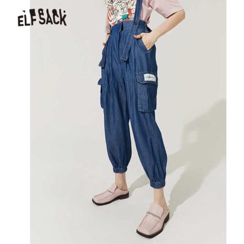 ELFSACK Solid Pure High Waist Washed Casual Overall Denim Jeans Women,2021 Autumn Korean Ladies Basic Daily Trousers