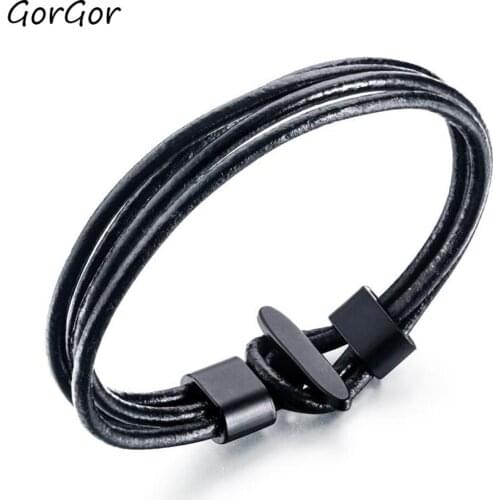 GorGor Bangles Men Stainless Steel Pattern Multilayer PU Leather Black Domineering Simplicity Birthday Popular Jewelry PS-1364
