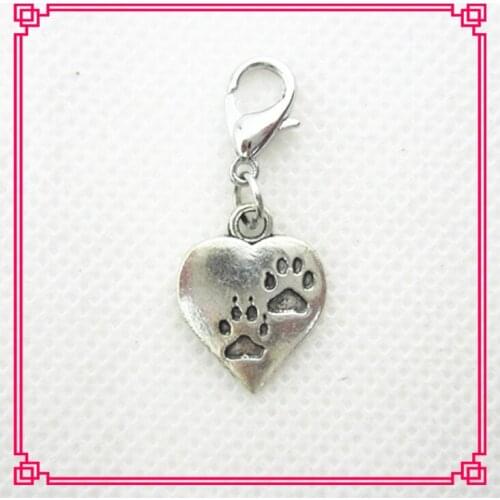 Hot selling 50pcs/lot dog paw heart dangle charms lobster clasp charms glass floating lockets for diy jewelry