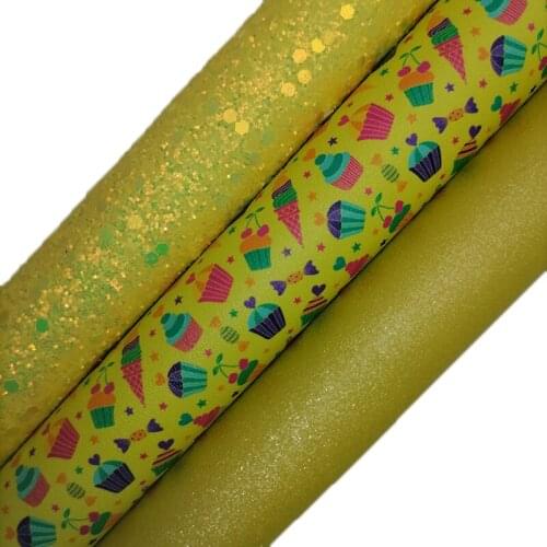Yellow Glitter leather, Matt Glitter Sheets, Cupcakes Printed Synthetic Leather Faux Fabric Sheet For Bow Earrings 21x29CM KM602