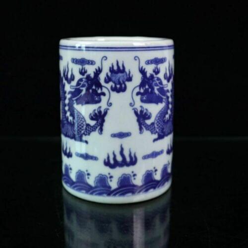 Chinese old porcelain Blue and white porcelain Ssangyong patterned pen holder