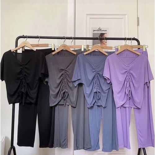 Korean Summer Ice Silk Cotton Home Wear Fashion Pleated Tops Short Sleeve T Shirt + Trousers Versatile Casual Tracksuit zh666