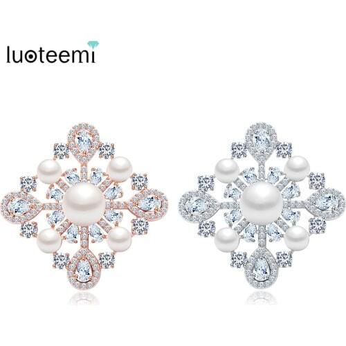 LUOTEEMI Jewelry New Wedding Square Shape Clear CZ Stone Imitation Pearl Brooch Pins for wedding Clothes Apparel accessories