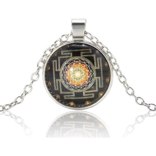 Fashion Silver-color Chain Necklace Sri Yantra Photo Cabochon Glass Pendant Jewelry