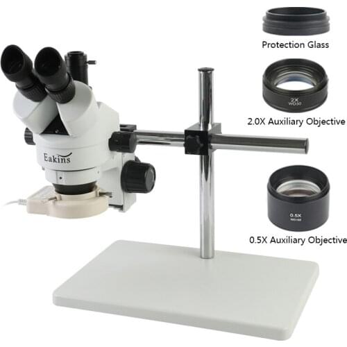 7X-45X Simul-focal Trinocular Stereo Microscope Industrial Magnifier+56 LED Ring Light+0.5X/1X/2X Auxiliary Objective Lens