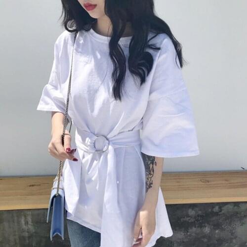 New Irregular T- Shirt Women 's Mid-Length Loose Waist Half Sleeve T-shirt Short Sleeve Top with Belt