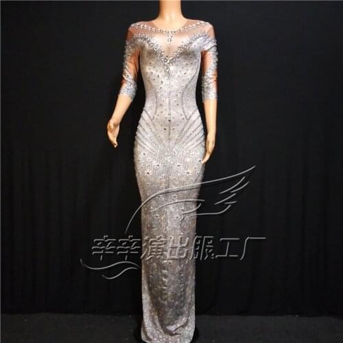Women New Sexy Gray Rhinestone Long Sleeves Dress Female Stage Dance Dress Birthday Party Celebrate Dance Dress Evening Outfit