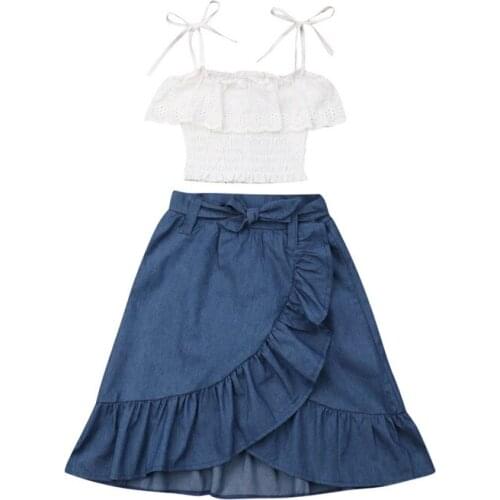 Pudcoco Toddler children solid Summer suit Clothing Fashion Cute Baby Girl Lace Sling Top+Ruffle denim skirts Outfits Holiday