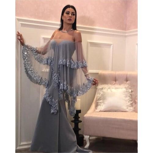 Silver Gray Evening Dresses 2019 Long Dubai Fashion Caftan Sequin Mermaid Elegant Arabic Formal Dress