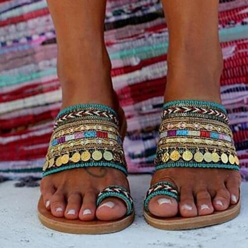 Women Shoe Summer Bohemian Sandals Knitted Upper Flat Heel Tassel Anti Slip Flip Flops Slippers with Clip Toe Ring for Beach