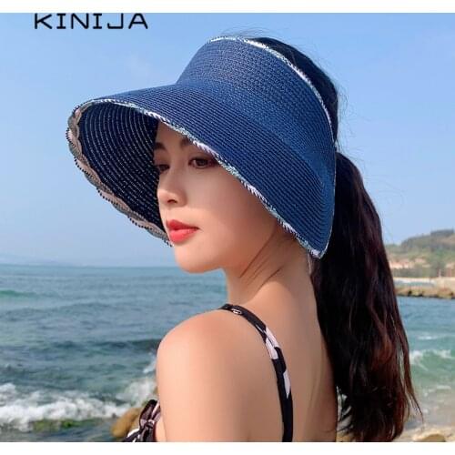2021 new Straw hat summer Foldable empty sun hat fishing uv protection visor cap Korean solid Straw weaving large brim beach hat