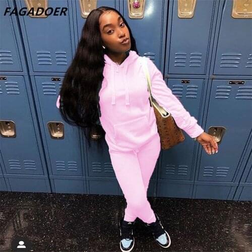 FAGADOER Hooded Sport Two Piece Set Pink Women Autumn Solid Sweatshirts+Joggers Pants Winter Casual Pocket Streetwear Femme 2021
