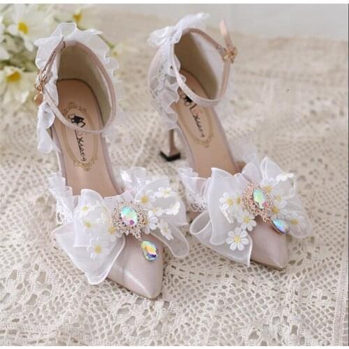 5cm 8cm Heel Elegant Lolita Bowknot Lace Daisy Flower Wedding Shoes Women High Heel Shoes B1912