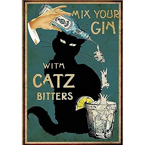 Funny Animal Home Decor Mix Your Gin with Catz Bitters Retro Metal Tin Sign Vintage Sign for Home Coffee Wall Decor 12x16 Inch