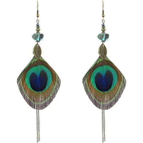 Ethnic Big Natuals Blue Feather Earrings For Women Natual Peacock Feathers Tassel Bohemia Pendant Hit Color Earring Jewelry
