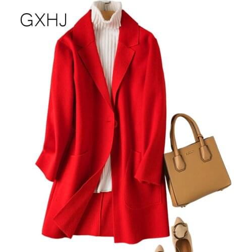 Women Oversize Woolen Camel Jackets 2021 fashion casual long wool coat red color Elegant Girls Chic Outerwear M-3XL