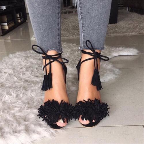 KALMALL Black Red Blue Green Yellow Suede Summer Gladiator Sandalia Sexy Party Wedding Shoes Woman Lace Up Tassel Fringe Sandals
