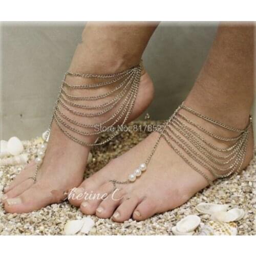 FREE SHIPPING 2014 Style L56 Women Fashion Silver Plated Chain Anklet Multi Layers Ankle Chain Imitation Pearls Jewelry