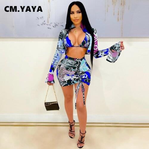 CM.YAYA Women Set Print Full Sleeve Zip Stand Collar Crop Coats Halter Bra Shirring Mini Skirts Three 3 Piece Sets Outfit Autumn