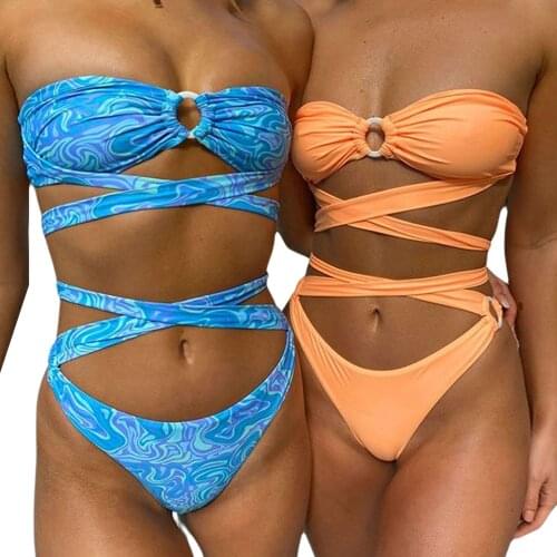 Meihuida Women Summer Swimwear, Floral Print/Solid Color Hollow Out Lacing Strapless Backless One-Piece Swimsuit for Girls