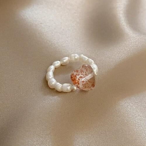 Creative Hand Beaded Pearl Adjustable Ring Romantic Natural Stone Heart-shaped Ring Jewelry Elegant Women Wedding Party