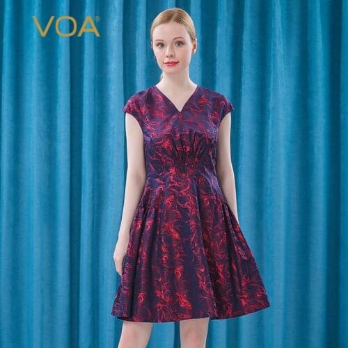 VOA 23M/m Silk Jacquard V Collar Rotator Cuff Non-localized Red Dyed Pleated Large Pendulum Dress AE536