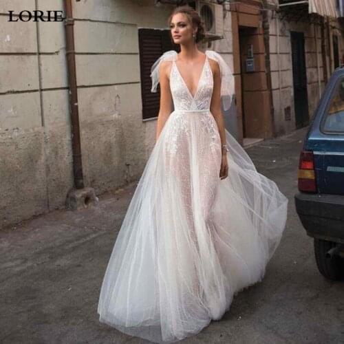 LORIE Boho A Line Lace Wedding Dresses 2019 Sexy V Neck Princess Bride Dresses Sexy Backless Wedding Gowns Vestidos de novia