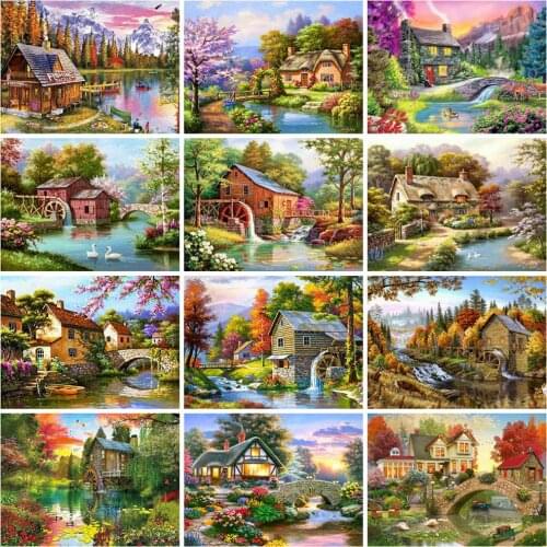 Diamond Painting Square/Round Kits House Diamond Embroidery Lake Cross Stitch Landscape Rhinestones Art Hobby Gift Home Decor