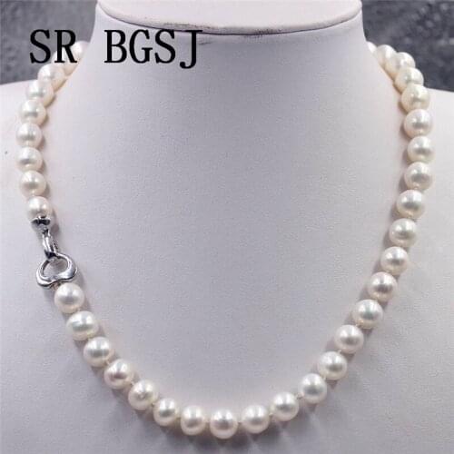 Free Shipping 9-10mm White Pink Purple Natural AA Round Freshwater Pearl Heart Clasp Knot Women Jewelry Necklace 18"