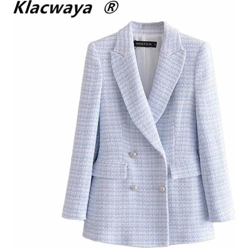 Klacwaya Za 2021 Blazer Women Jacket Fashion Check Texture Blazers Vintage Long Sleeve Pockets Female Outerwear Chic Tops