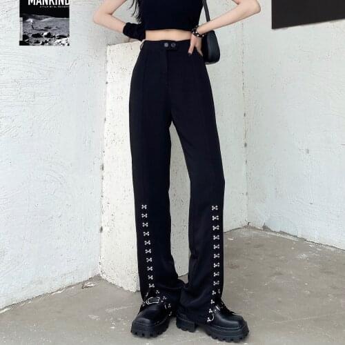 New Spring Autumn Women Harajuku Black Punk Metal Buckle Pants Streetwear High Waist Casual Loose Fashion Hot Girl Trouser