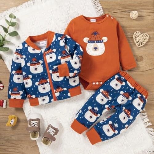 PatPat Cartoon Bear Print Long-sleeve Baby 3pcs Set