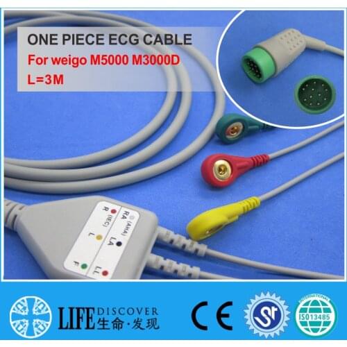 ECG CABLE with 3 leadwires snap for weigo M5000 M3000D patient monitor