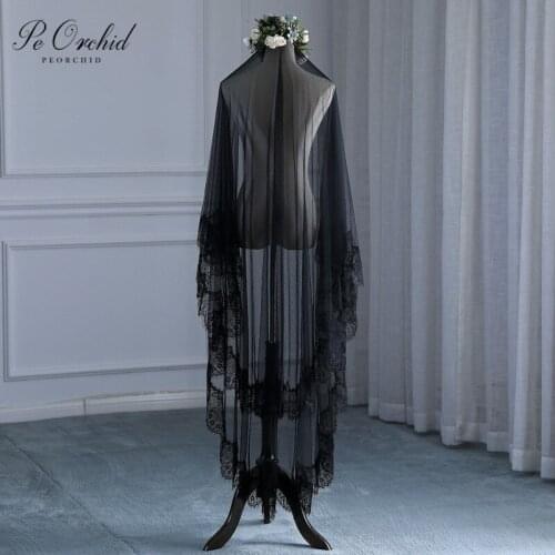 PEORCHID Black Wedding Veil Lace Bridal Two Layers Veils Soft Tulle Velo Da Sposa Halloween Party Veils Bride Accesories