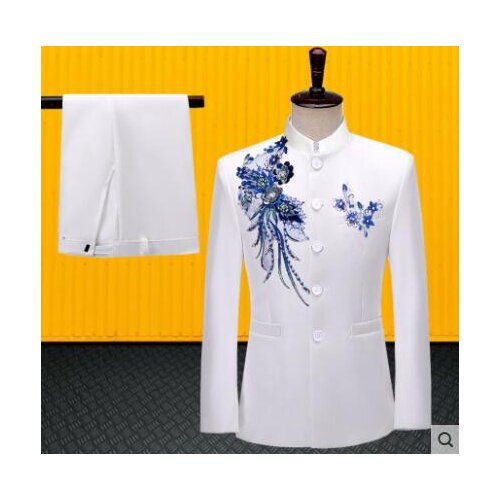 Chinese tunic suit men blazer jackets Sequins formal dress mens wedding suits white costume singer stage clothing